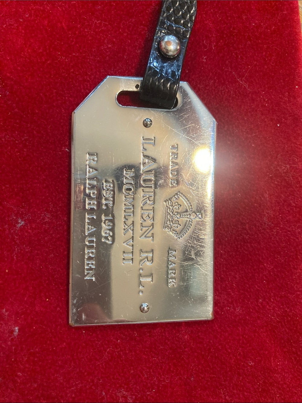 Ralph Lauren Silver Metal Luggage Tag with Black Leather Strap